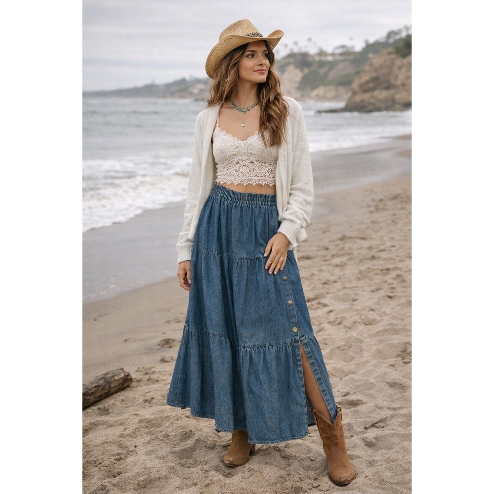 Denim Maxi Skirt Womens L 32 Waist Tiered Crazy Cowgirl Western Boho Cottagecore